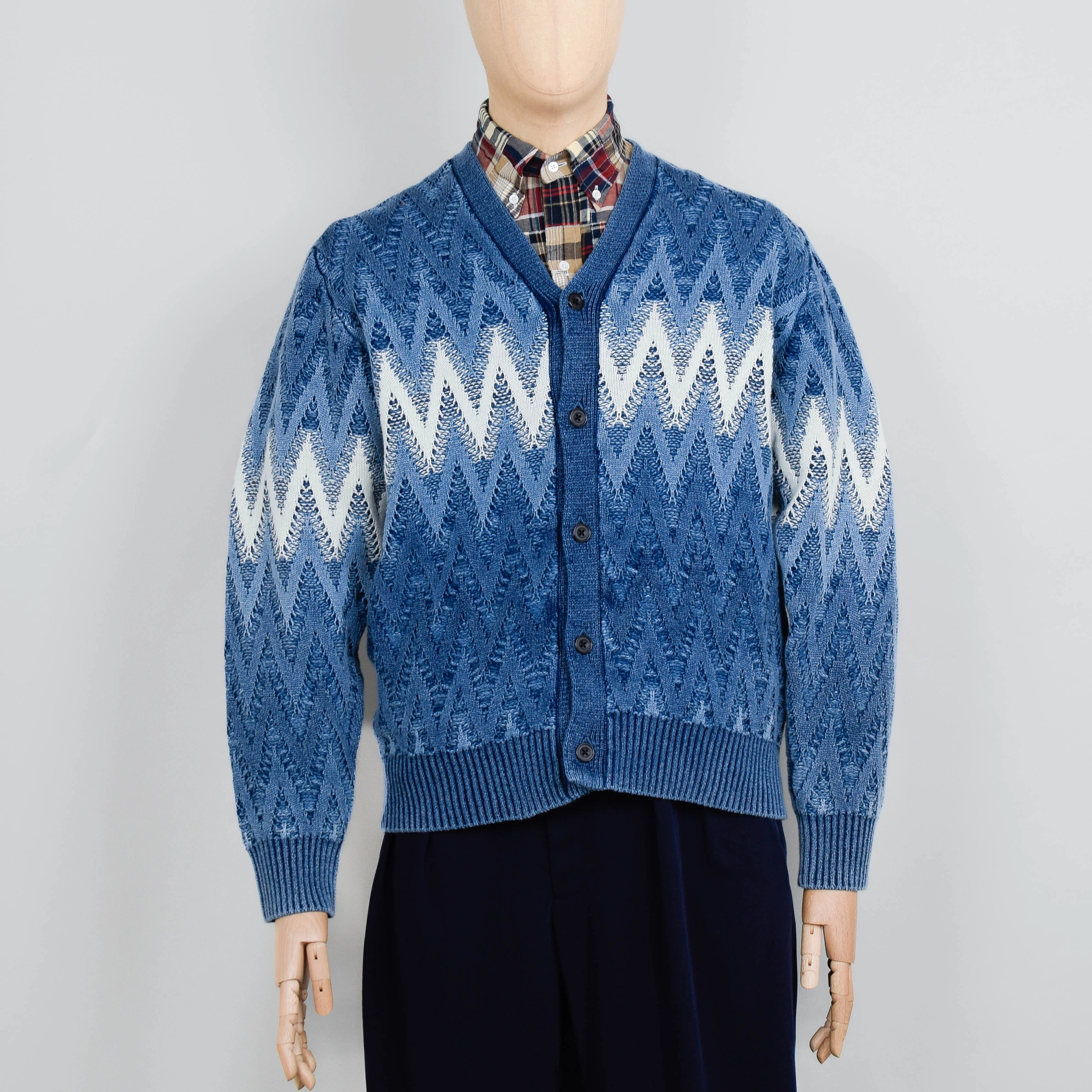 Beams Plus Cardigan Jacquard Indigo Yarn - Indigo