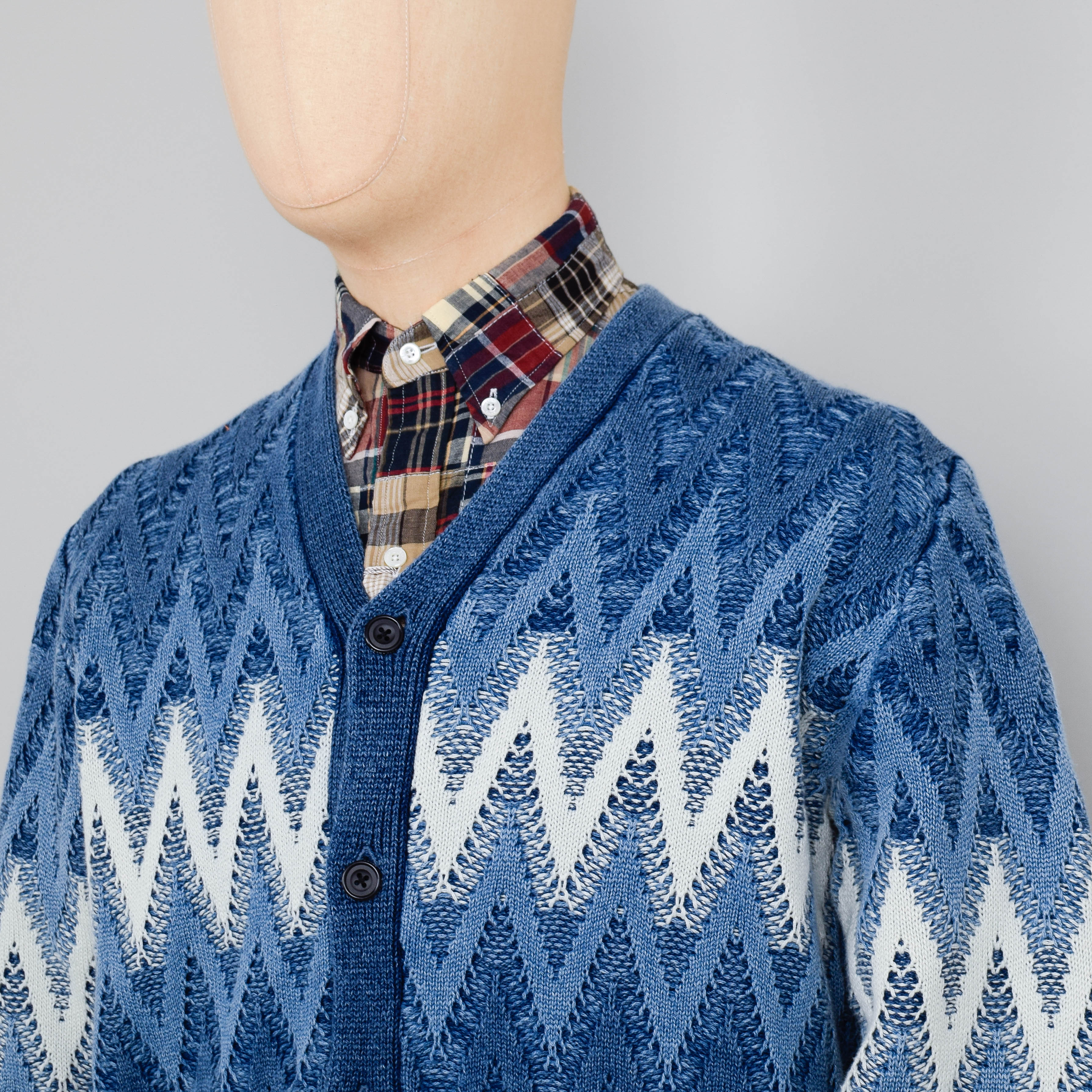 Beams Plus Cardigan Jacquard Indigo Yarn - Indigo - Image 2
