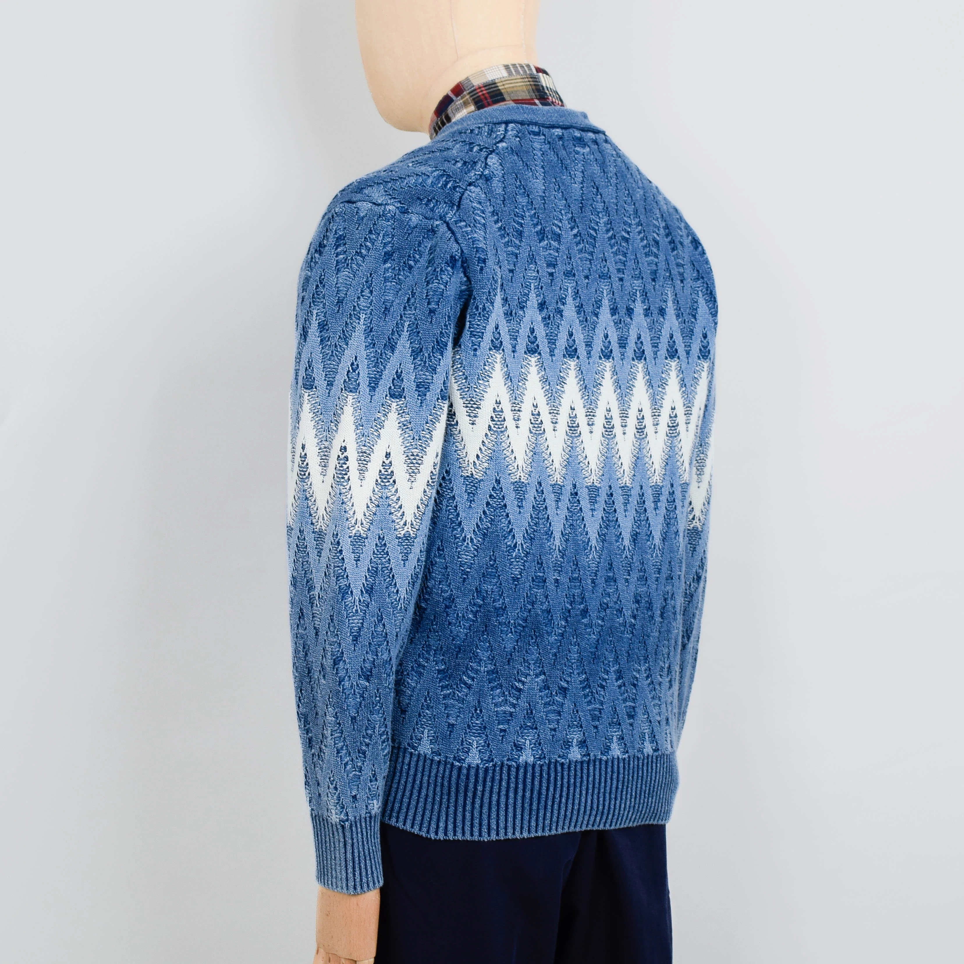 Beams Plus Cardigan Jacquard Indigo Yarn - Indigo - Image 3
