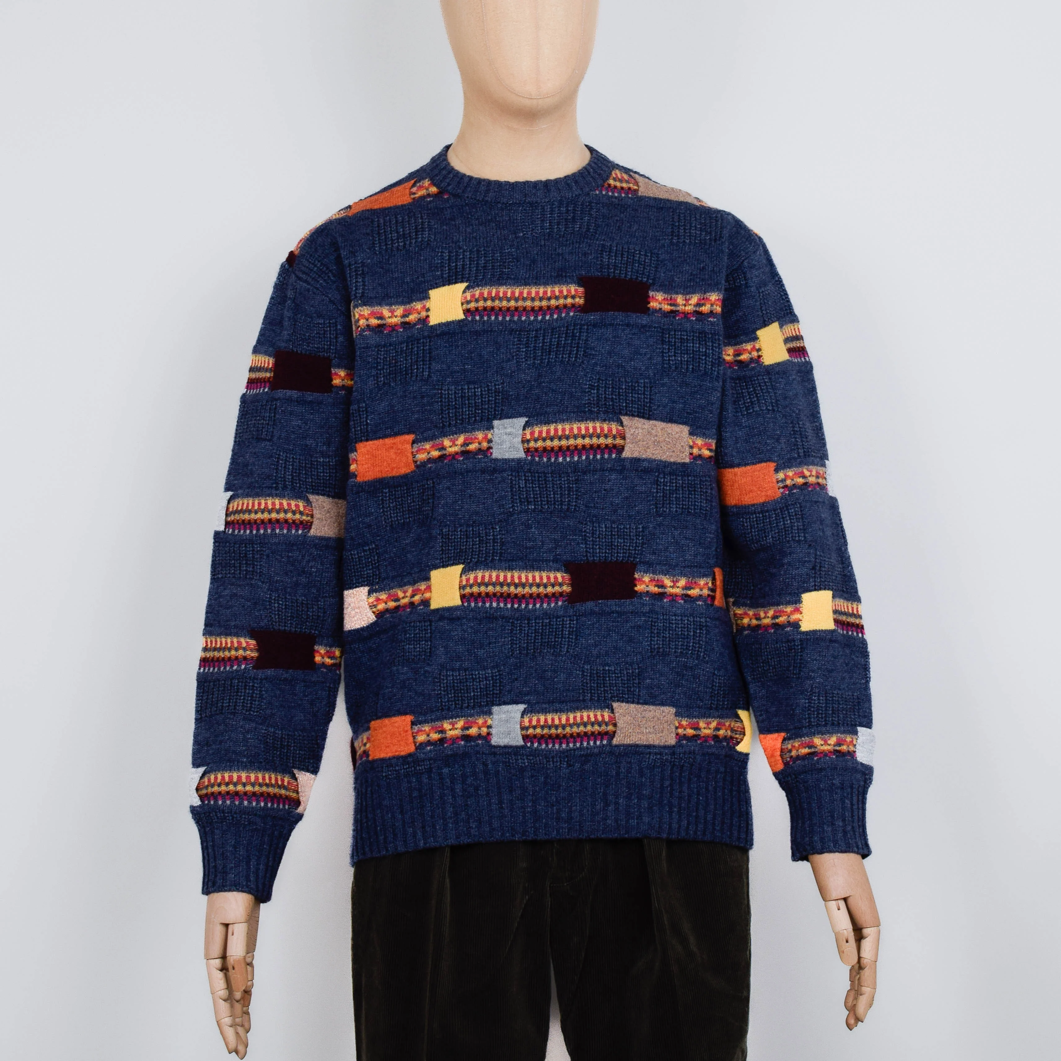 Beams Plus Crew Jacquard Fair Isle Stripe 5G - Navy