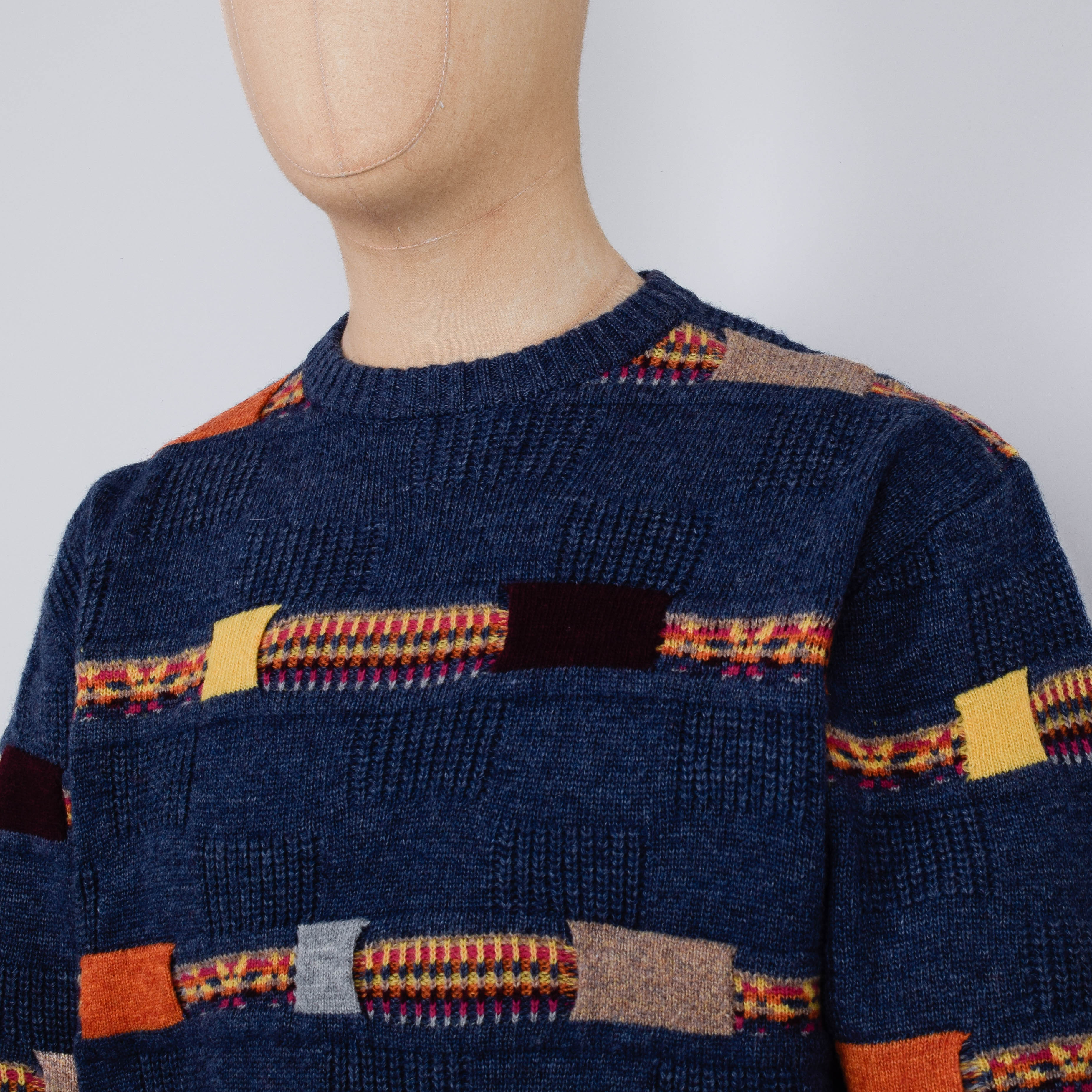 Beams Plus Crew Jacquard Fair Isle Stripe 5G - Navy - Image 2