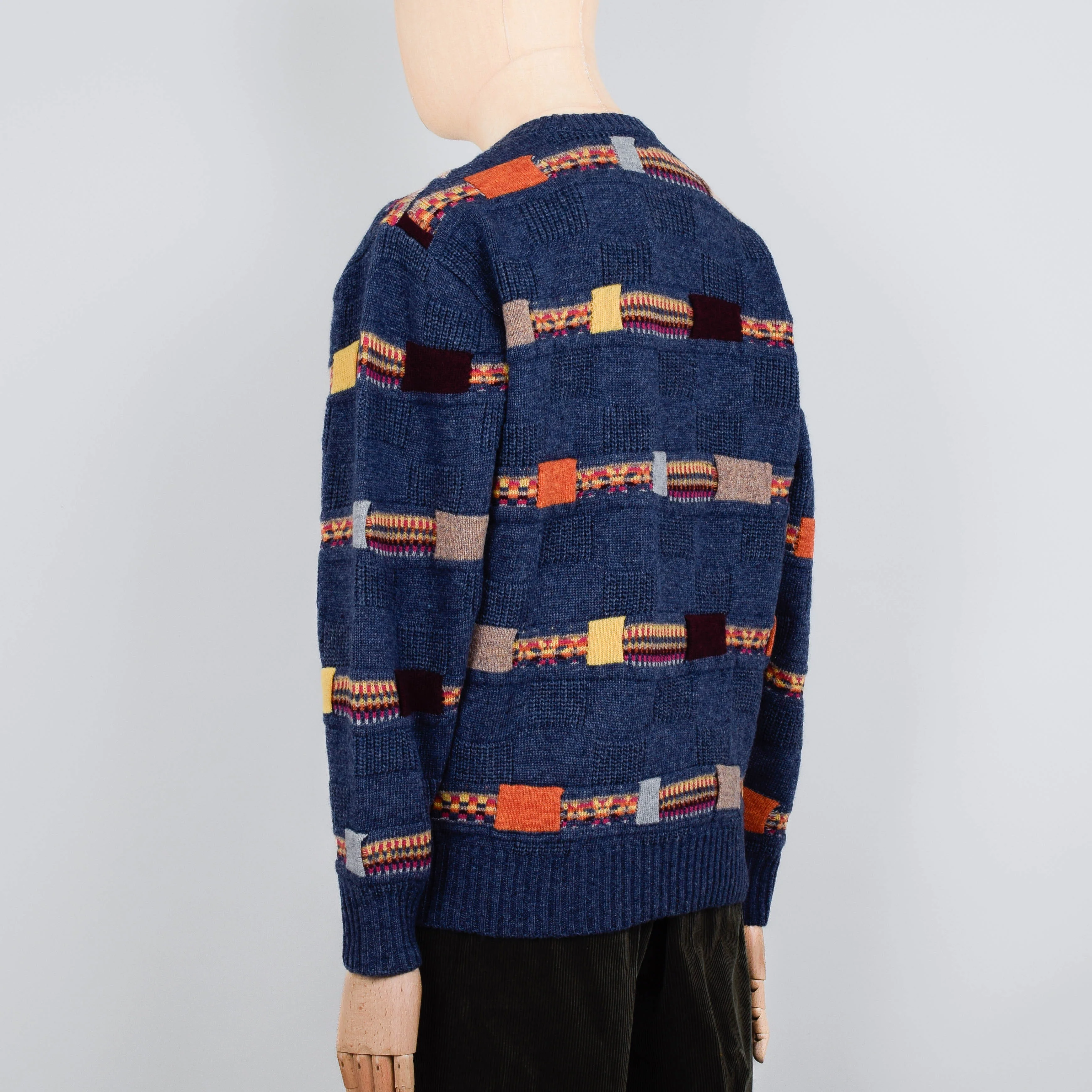 Beams Plus Crew Jacquard Fair Isle Stripe 5G - Navy - Image 3