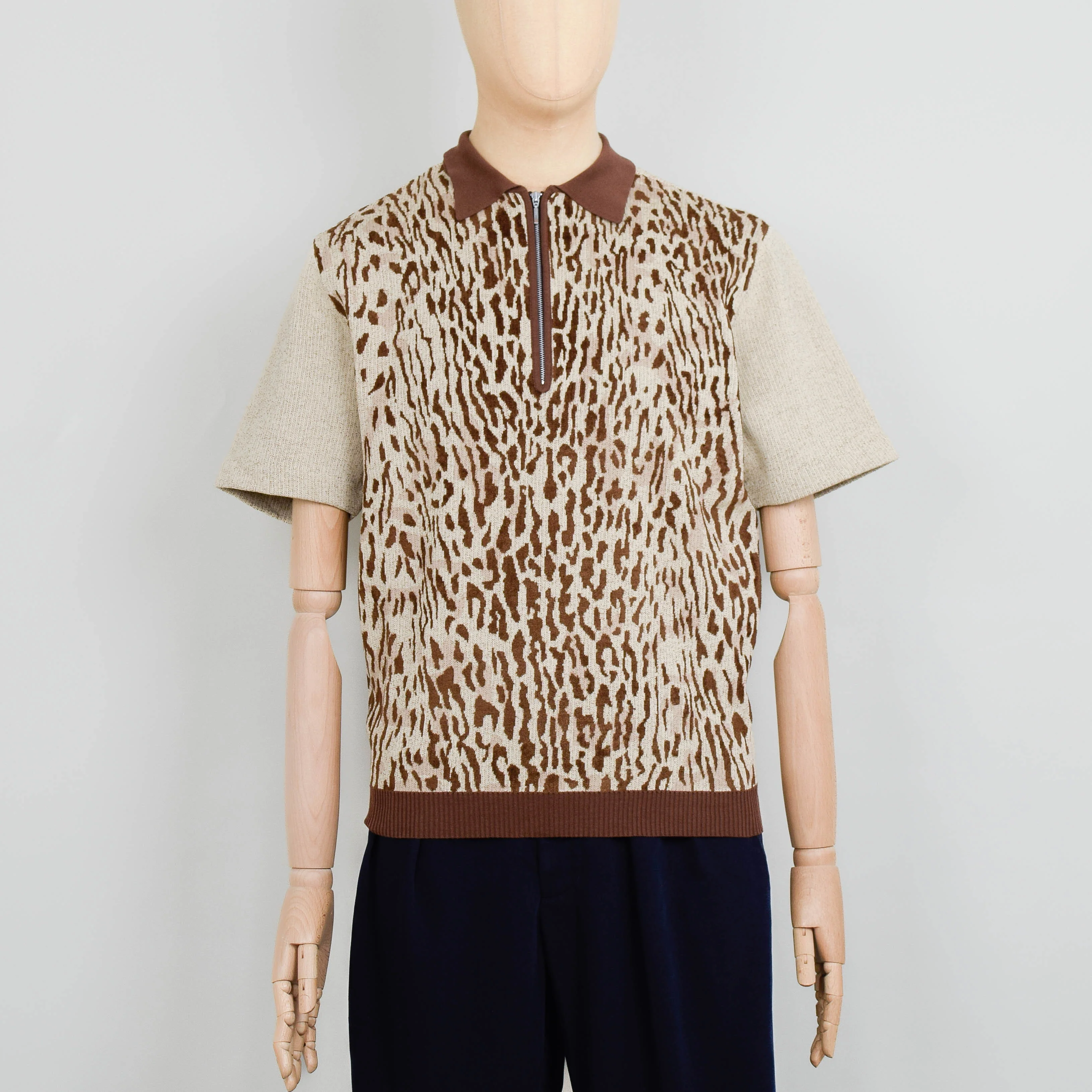 Beams Plus Half Zip Knit Polo Animal Jacquard - Giraffe