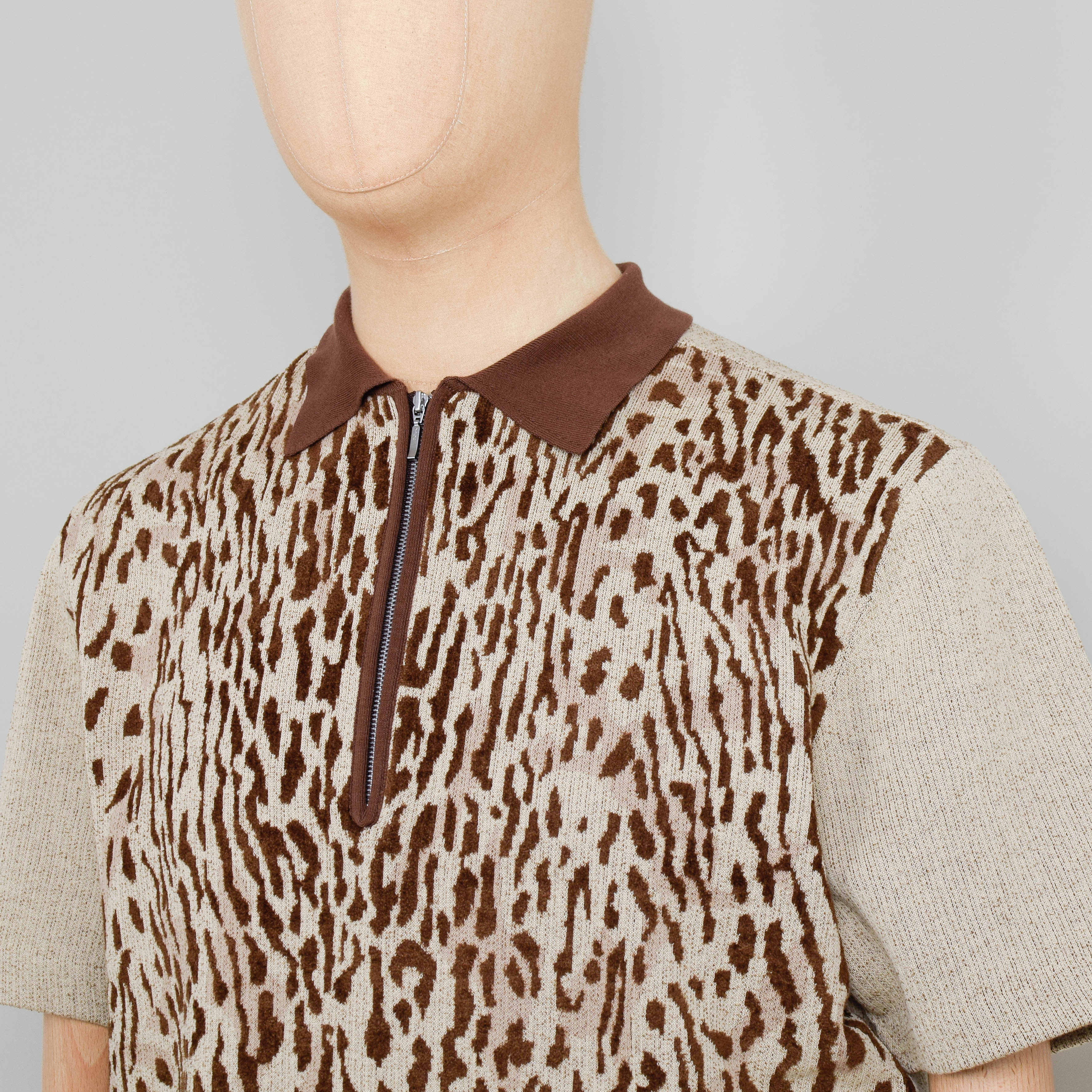 Beams Plus Half Zip Knit Polo Animal Jacquard - Giraffe - Image 2