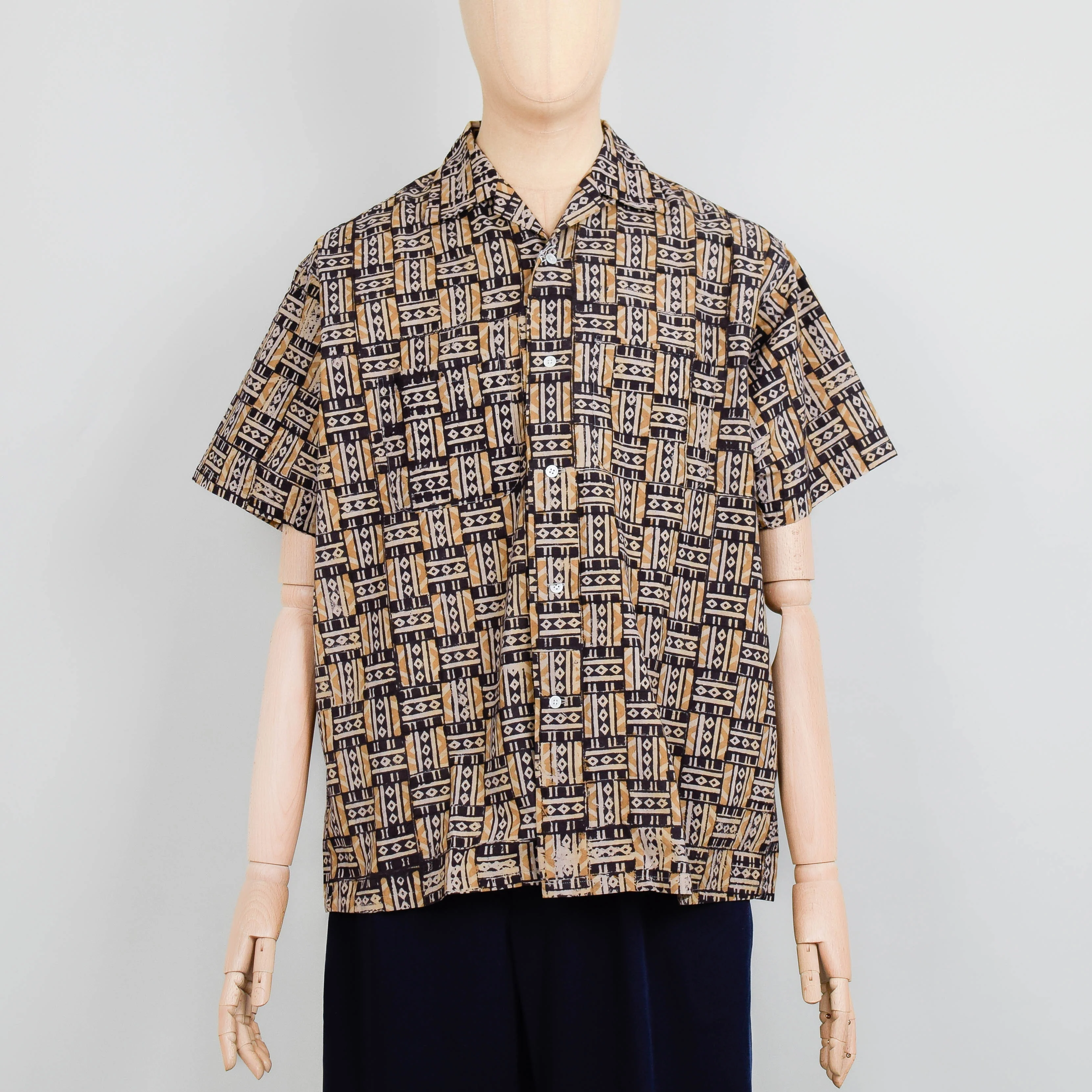 Beams Plus Open Collar Block Print - Black Multi