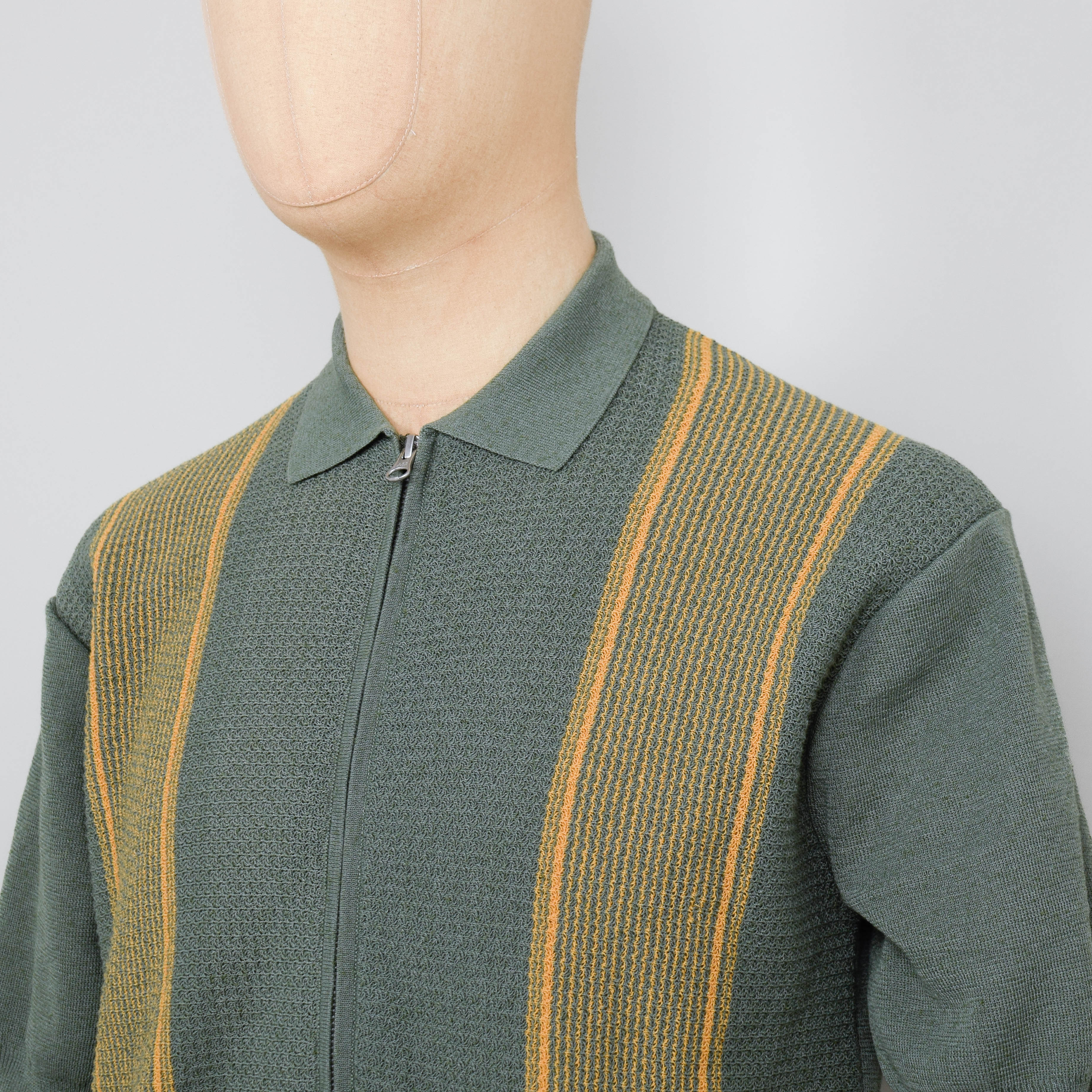 Beams Plus Zip Knit Polo Stripe - Olive - Image 2