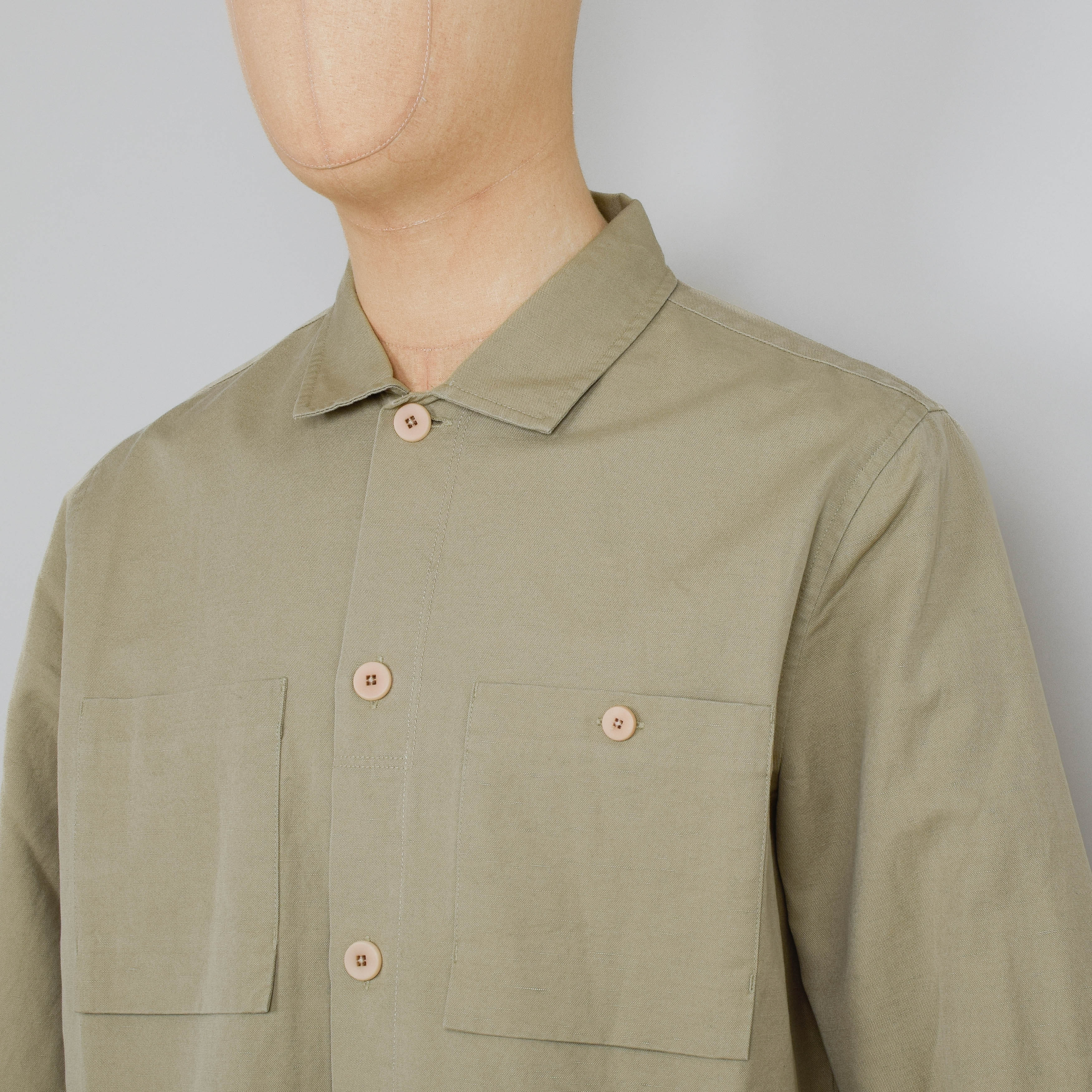 Folk Patch Overshirt - Light Khaki Slub Linen - Image 2