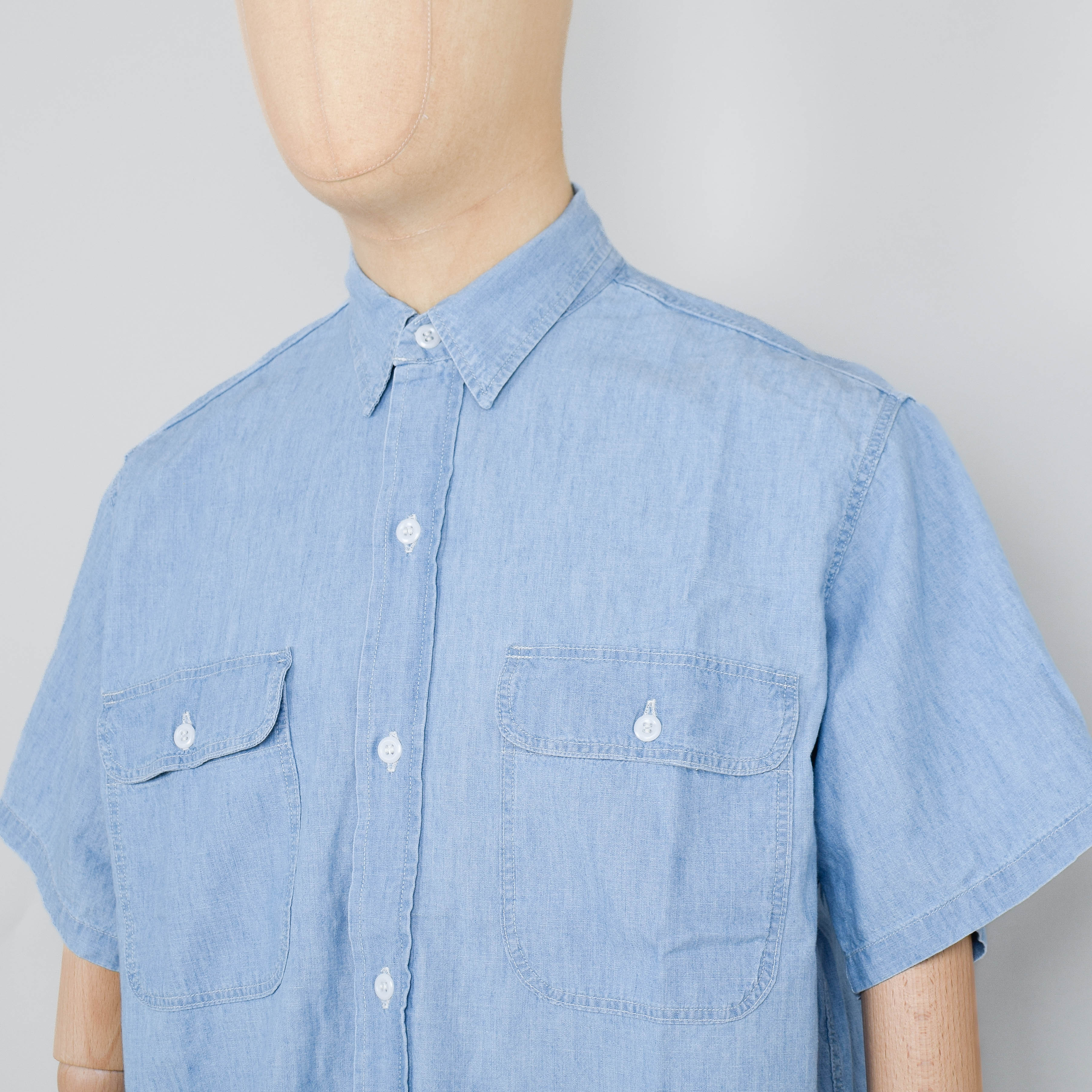 Orslow Short Sleeve Chambray Work Shirt With Flap Pocket - Chambray Bleached - Image 2