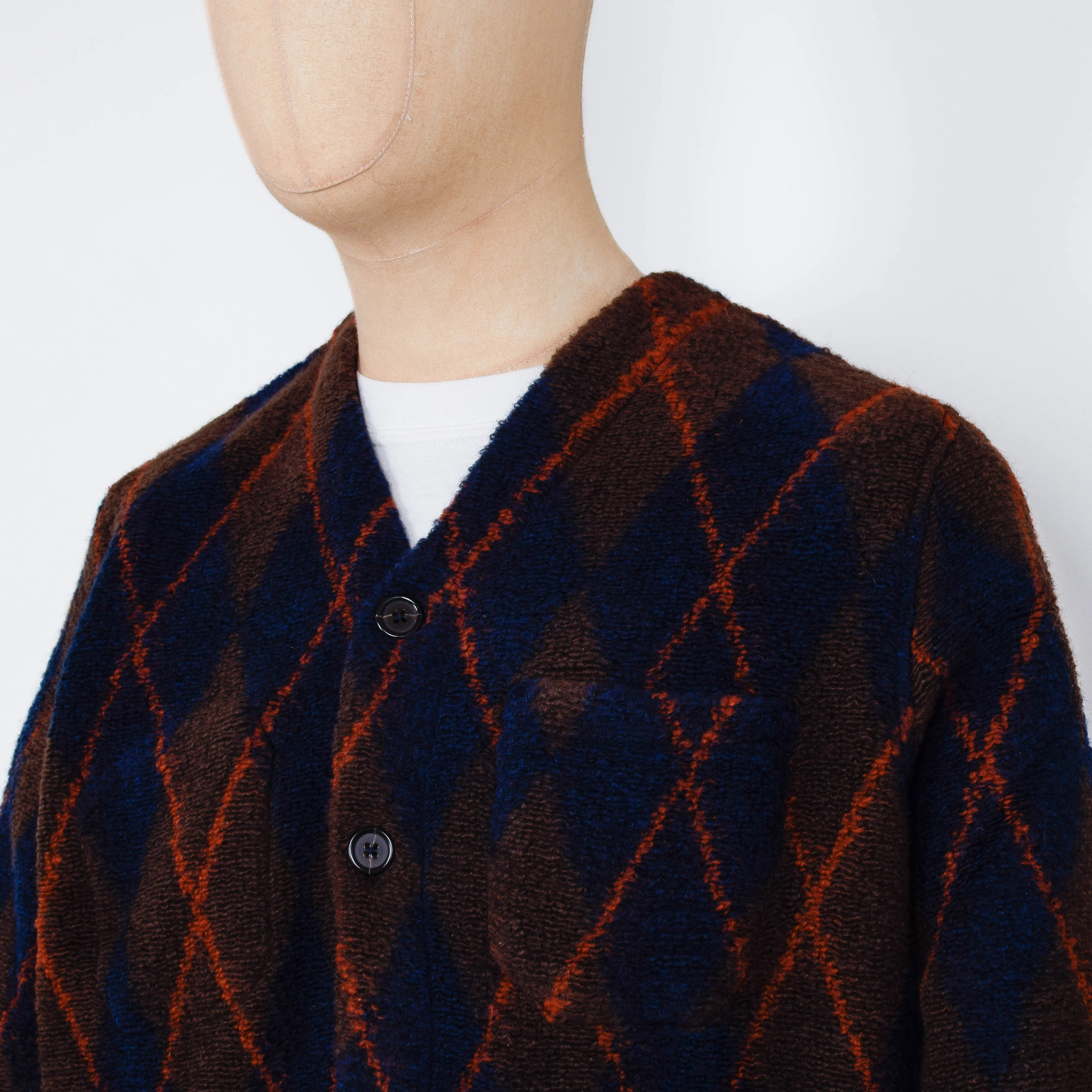 Universal Works Argyll Fleece Cardigan - Brown/Navy - Image 2