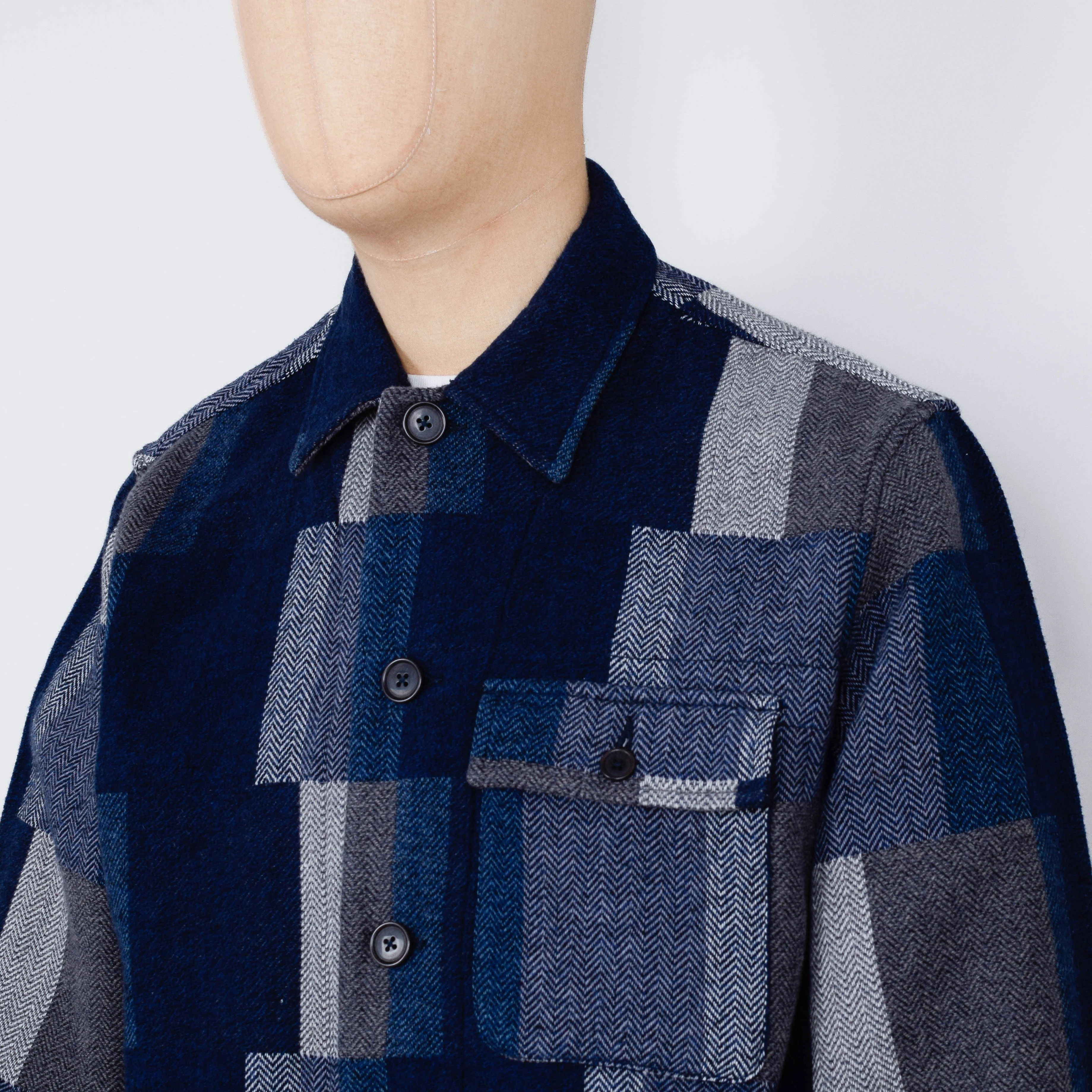 Universal Works L/S Tech Overshirt - Navy Japanese Patchwork - Image 2