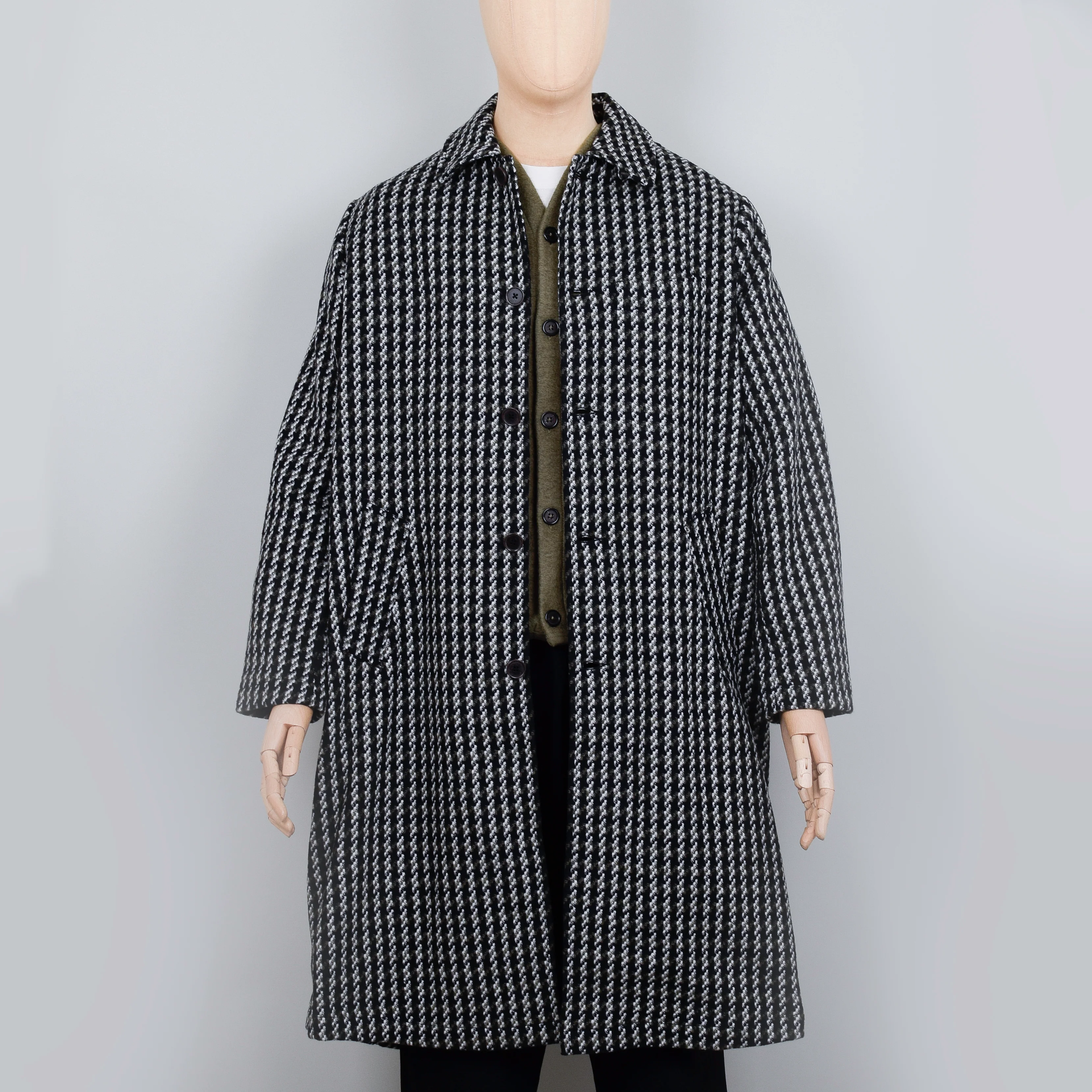 Universal Works Long Swing Overcoat - Olive Cortina Tweed - Image 5