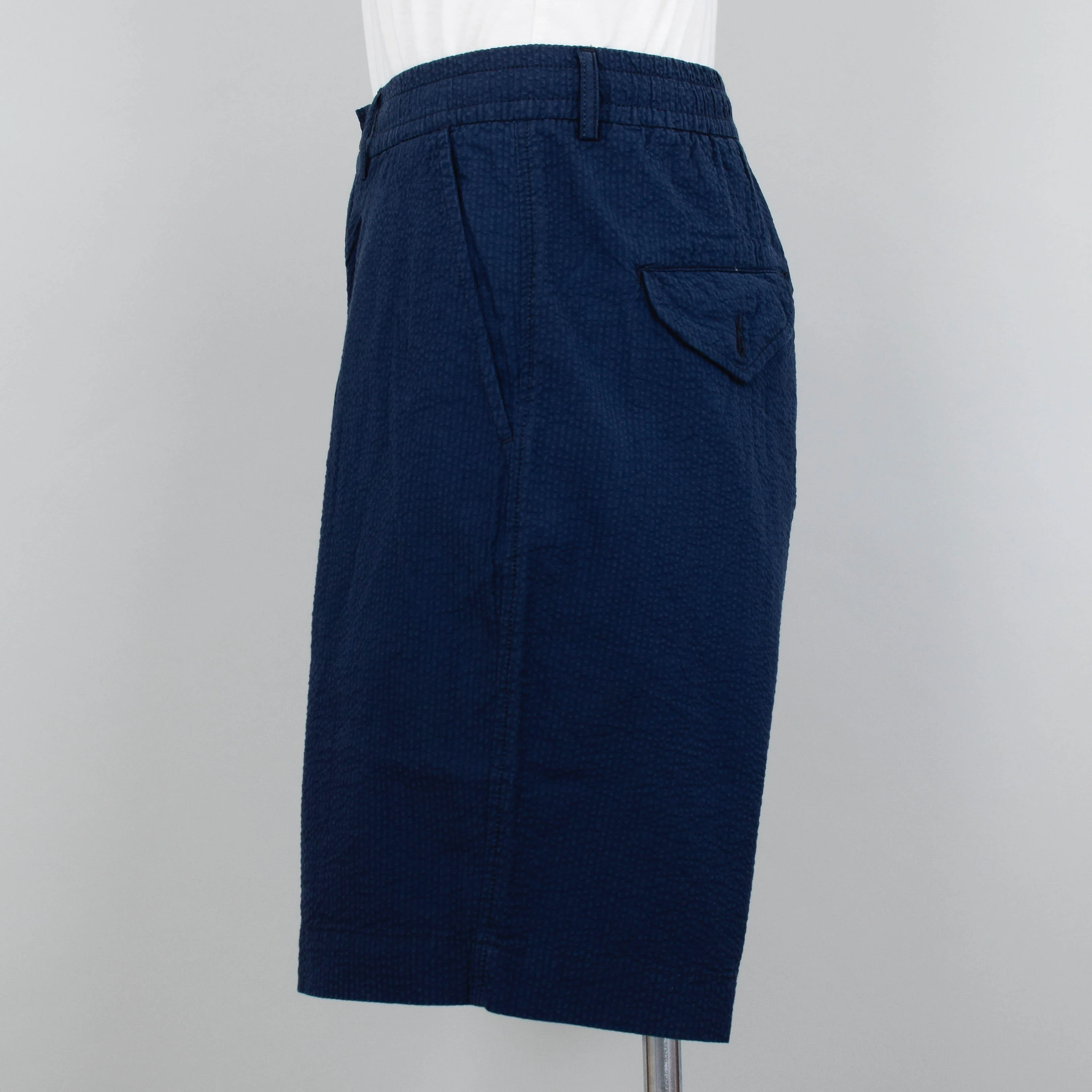 Universal Works Pleated Track Short Seersucker - Navy - Image 2