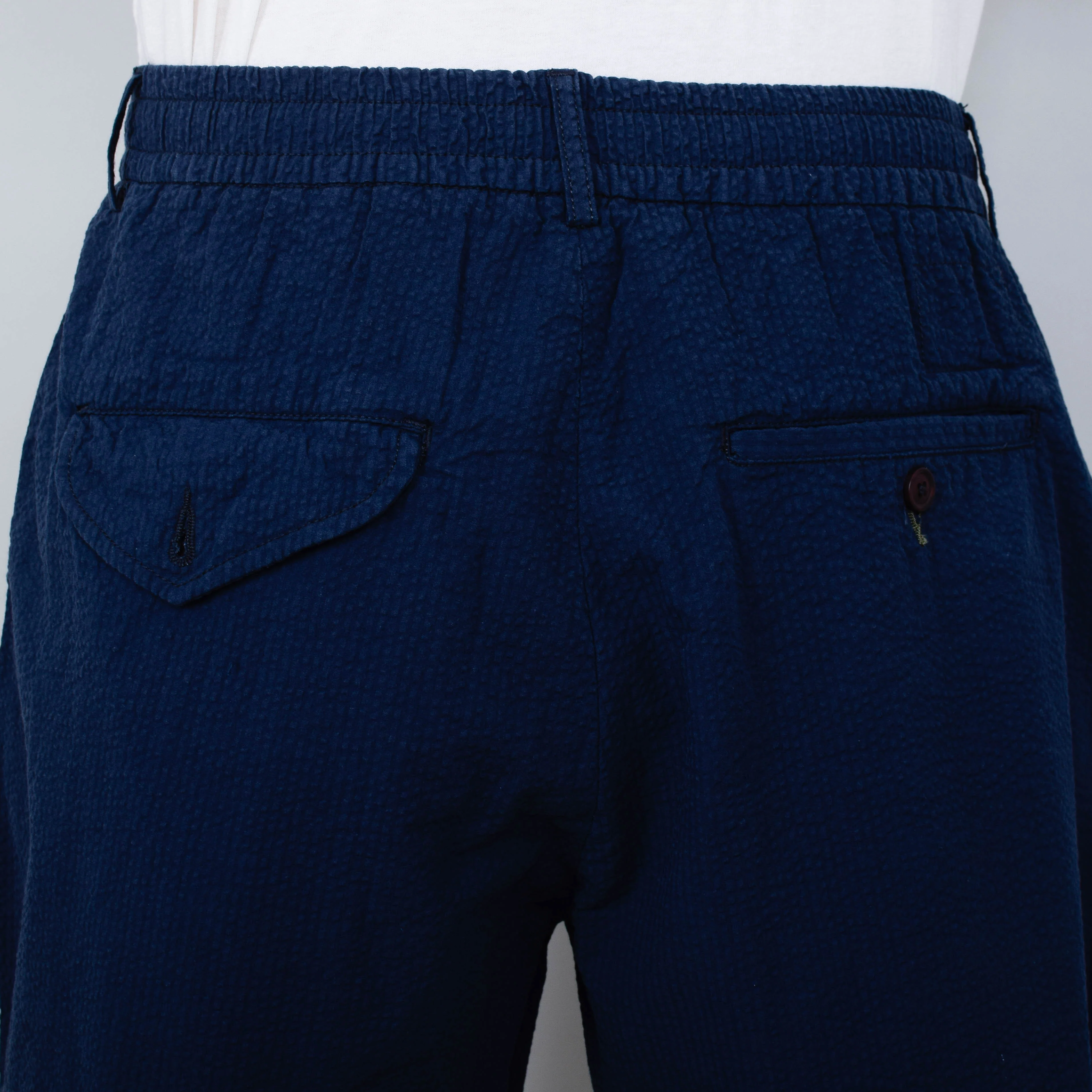 Universal Works Pleated Track Short Seersucker - Navy - Image 3