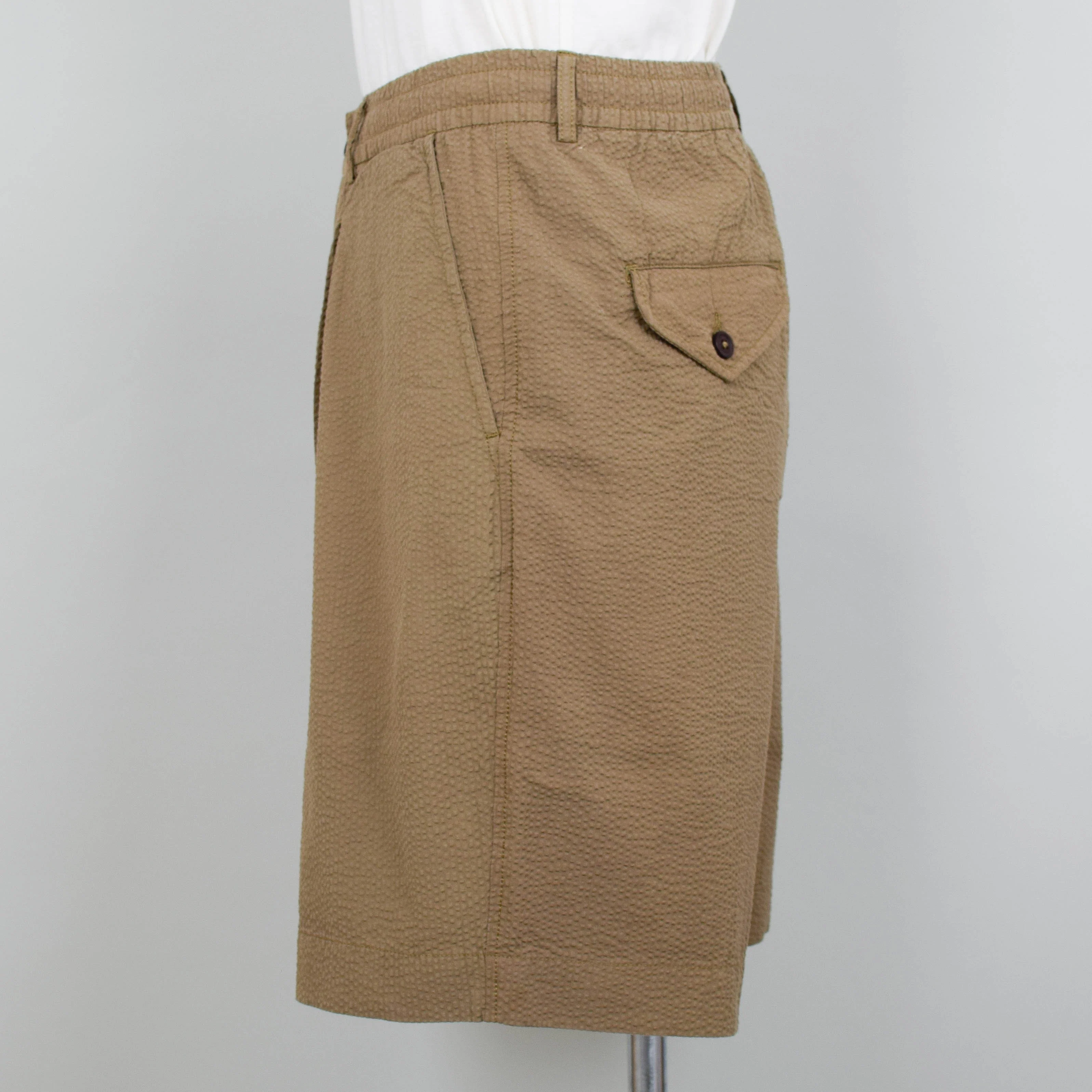 Universal Works Pleated Track Short Seersucker - Olive - Image 2