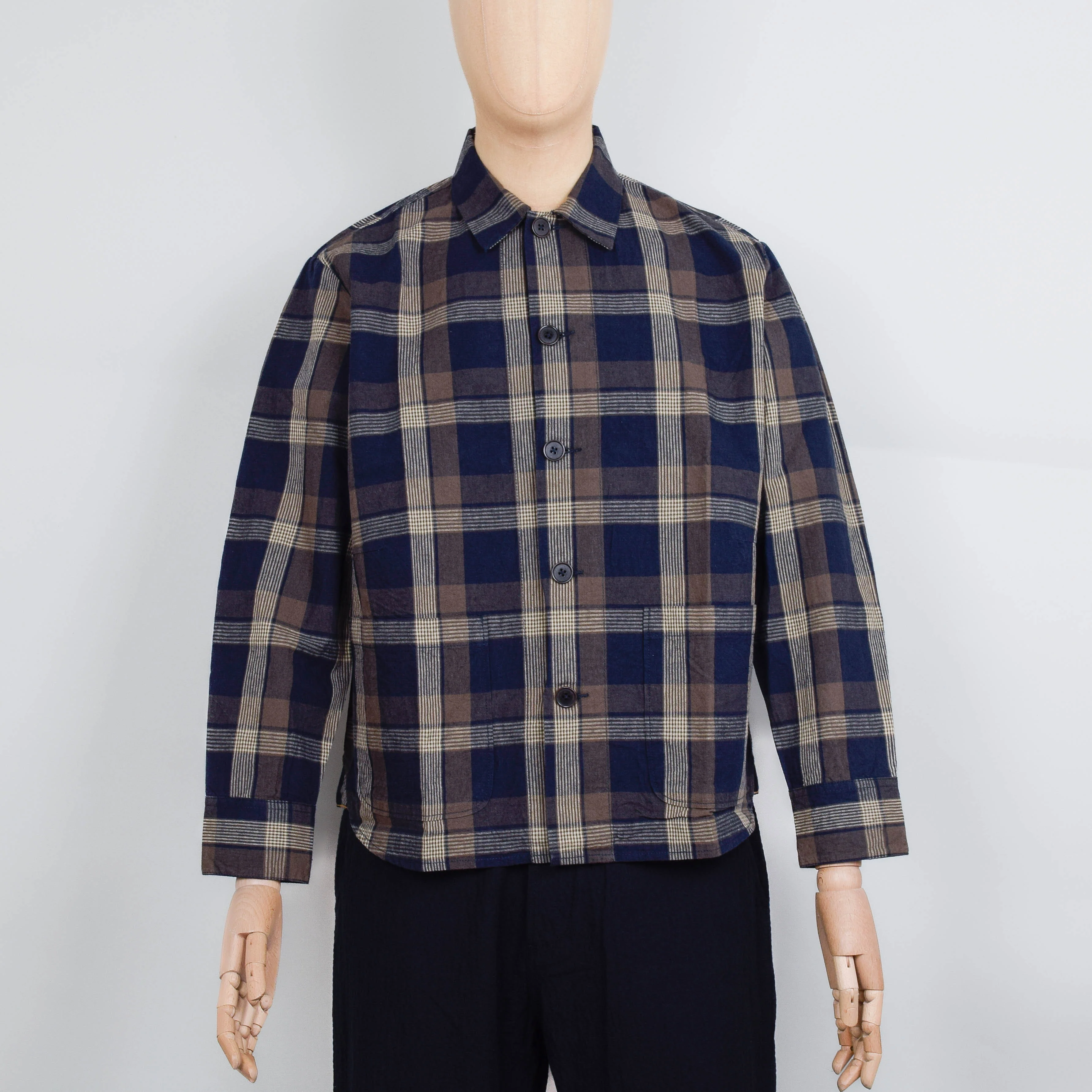 Universal Works Travail Overshirt Big Check - Navy / Brown