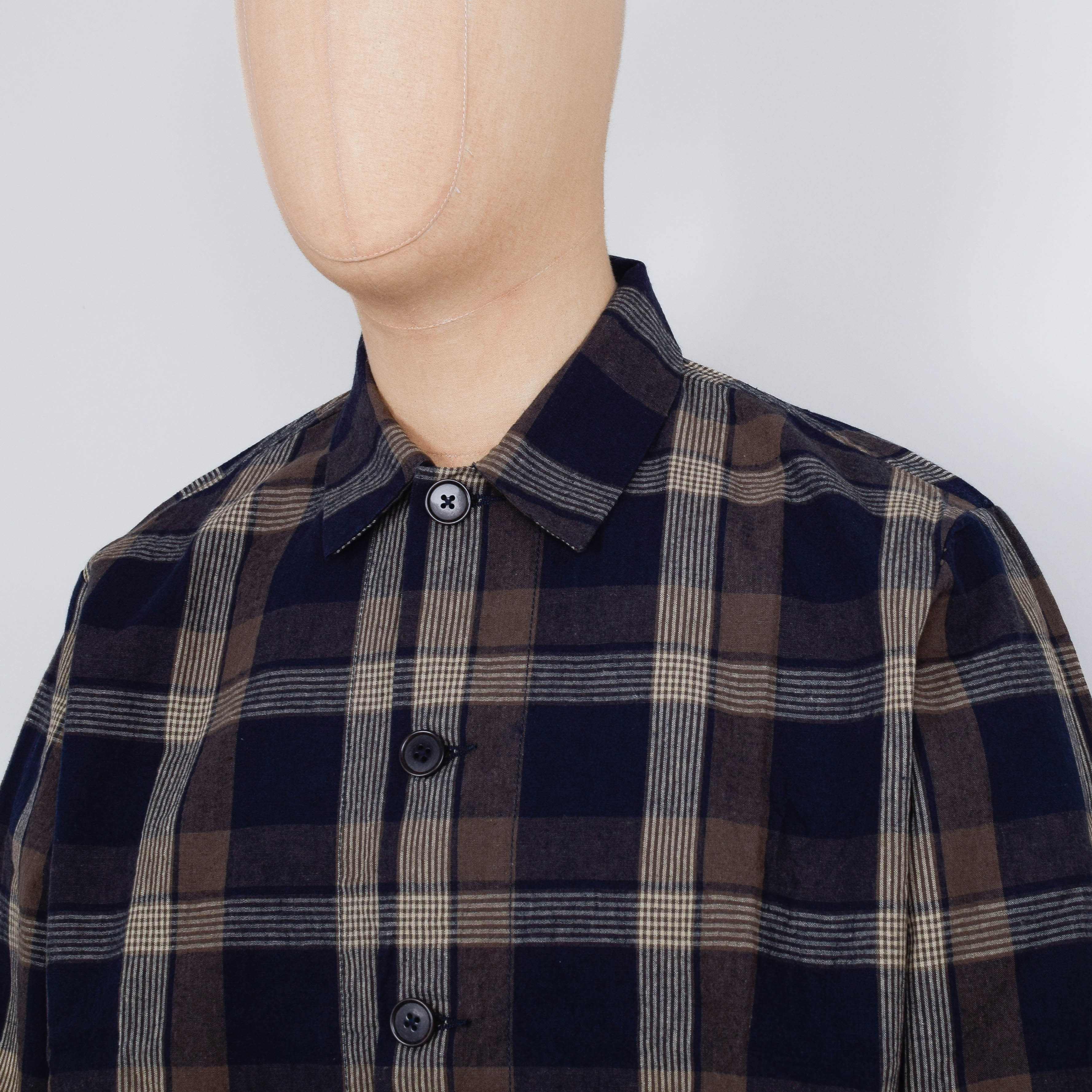 Universal Works Travail Overshirt Big Check - Navy / Brown - Image 2