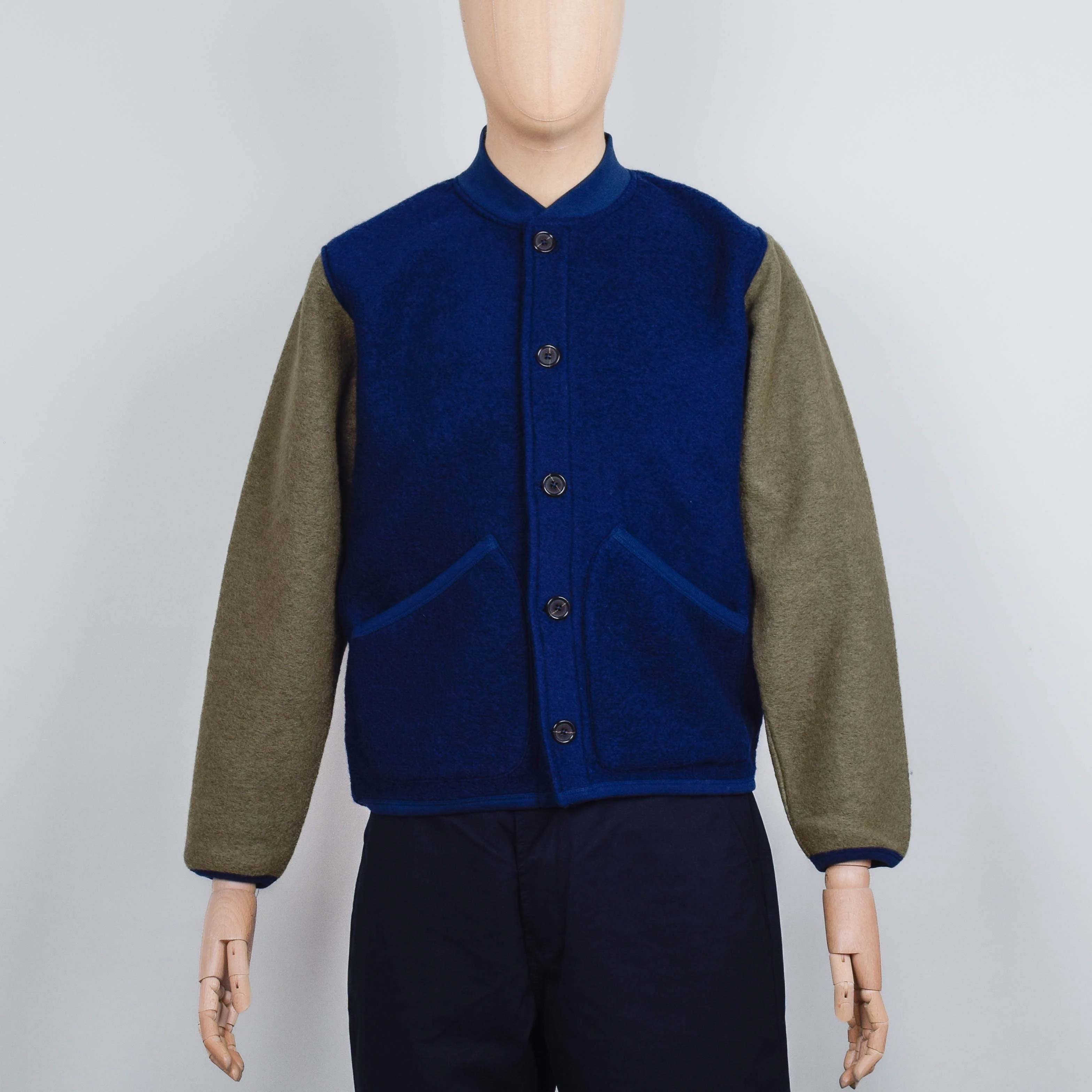 Universal Works Wool Fleece Button Front Bomber - Indigo/Lovat