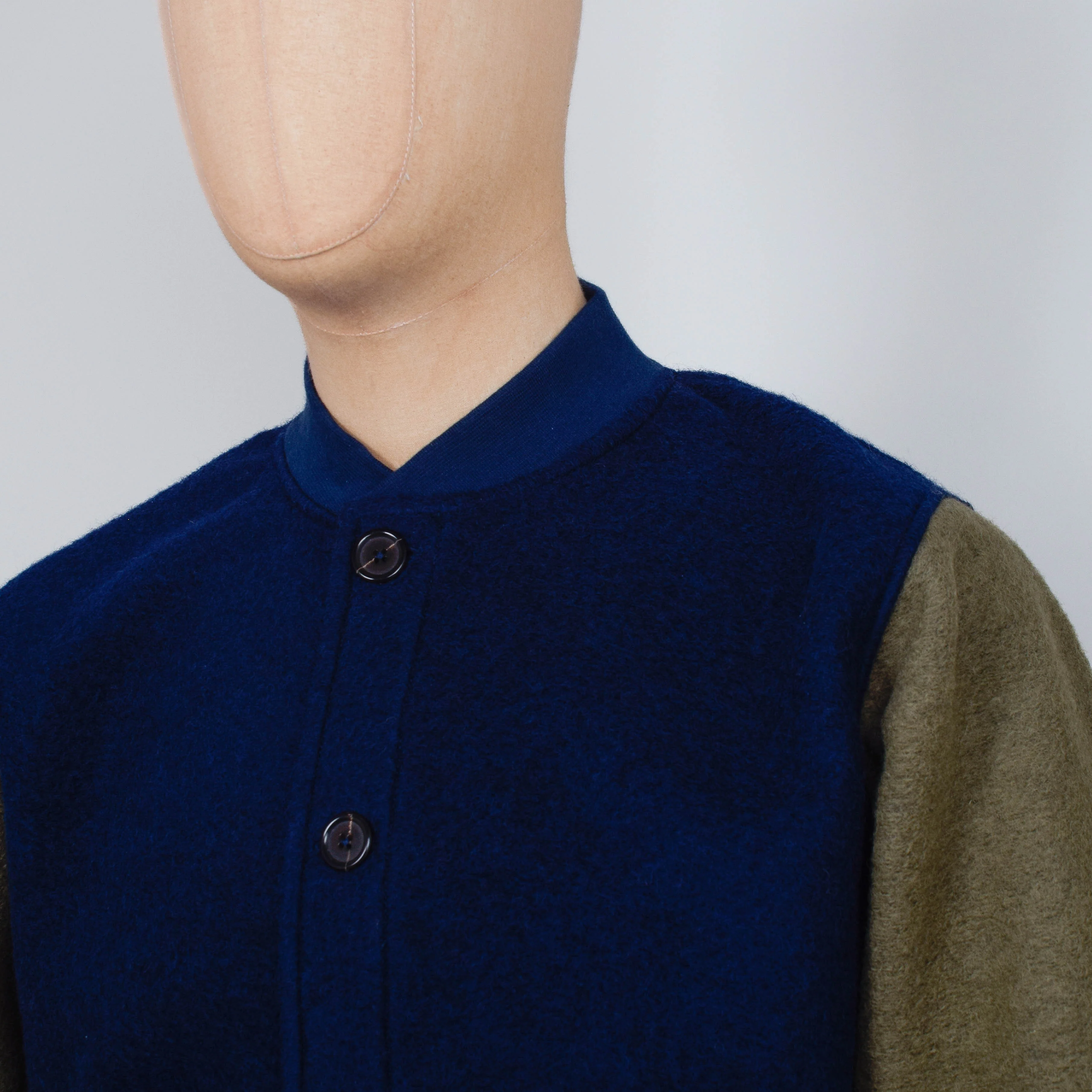 Universal Works Wool Fleece Button Front Bomber - Indigo/Lovat - Image 2