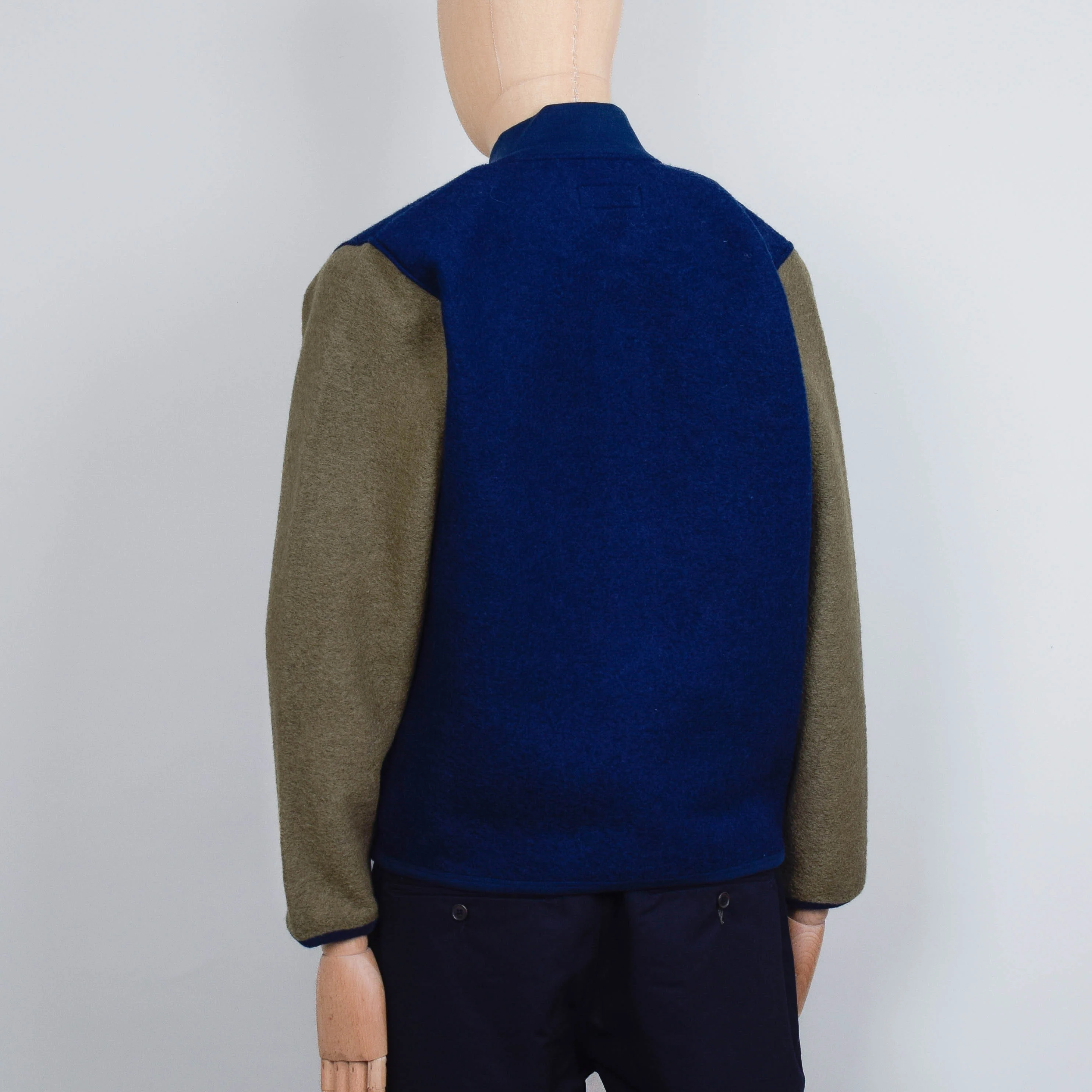 Universal Works Wool Fleece Button Front Bomber - Indigo/Lovat - Image 3