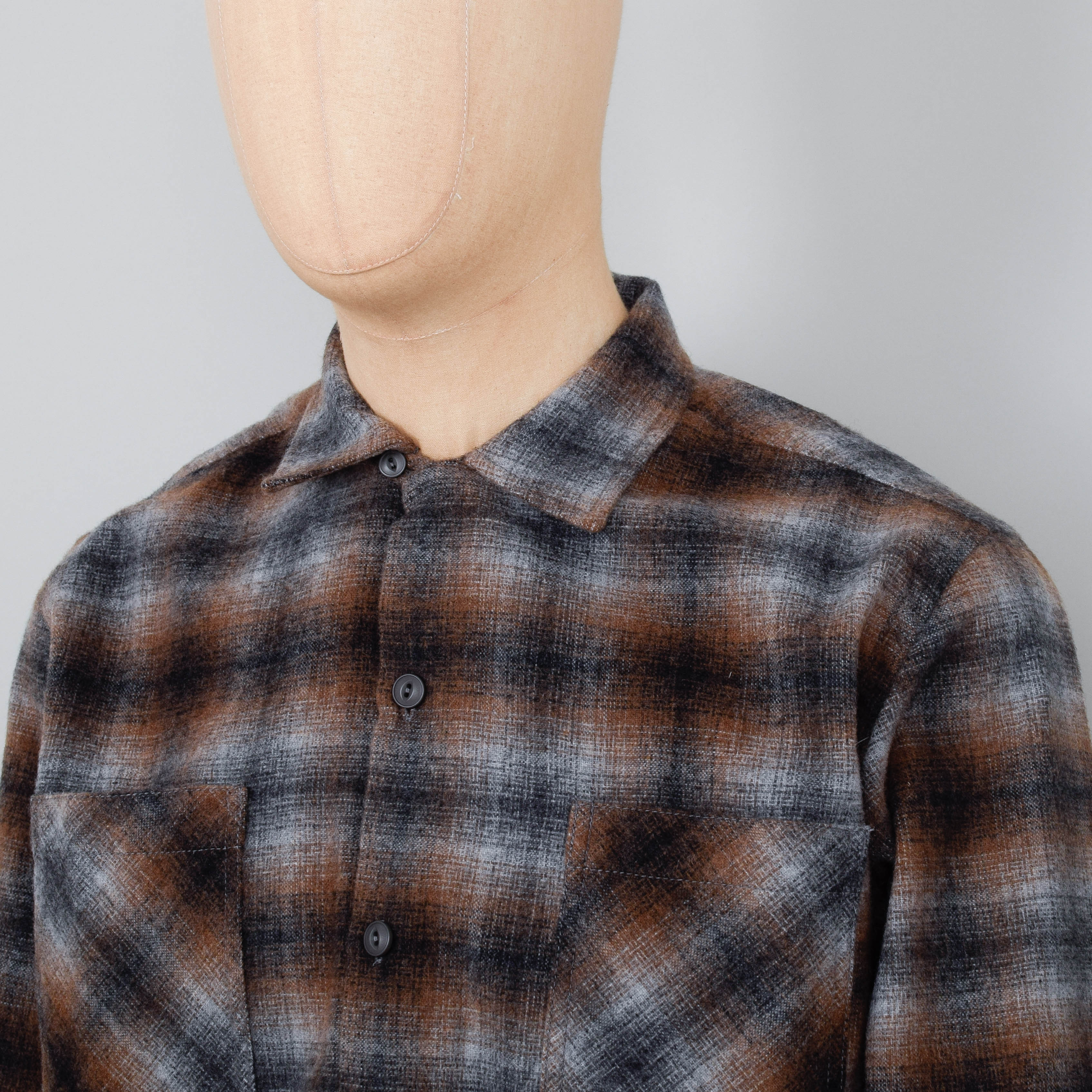 Universal Works Wool Mix Flannel Work Shirt - Brown Check - Image 2